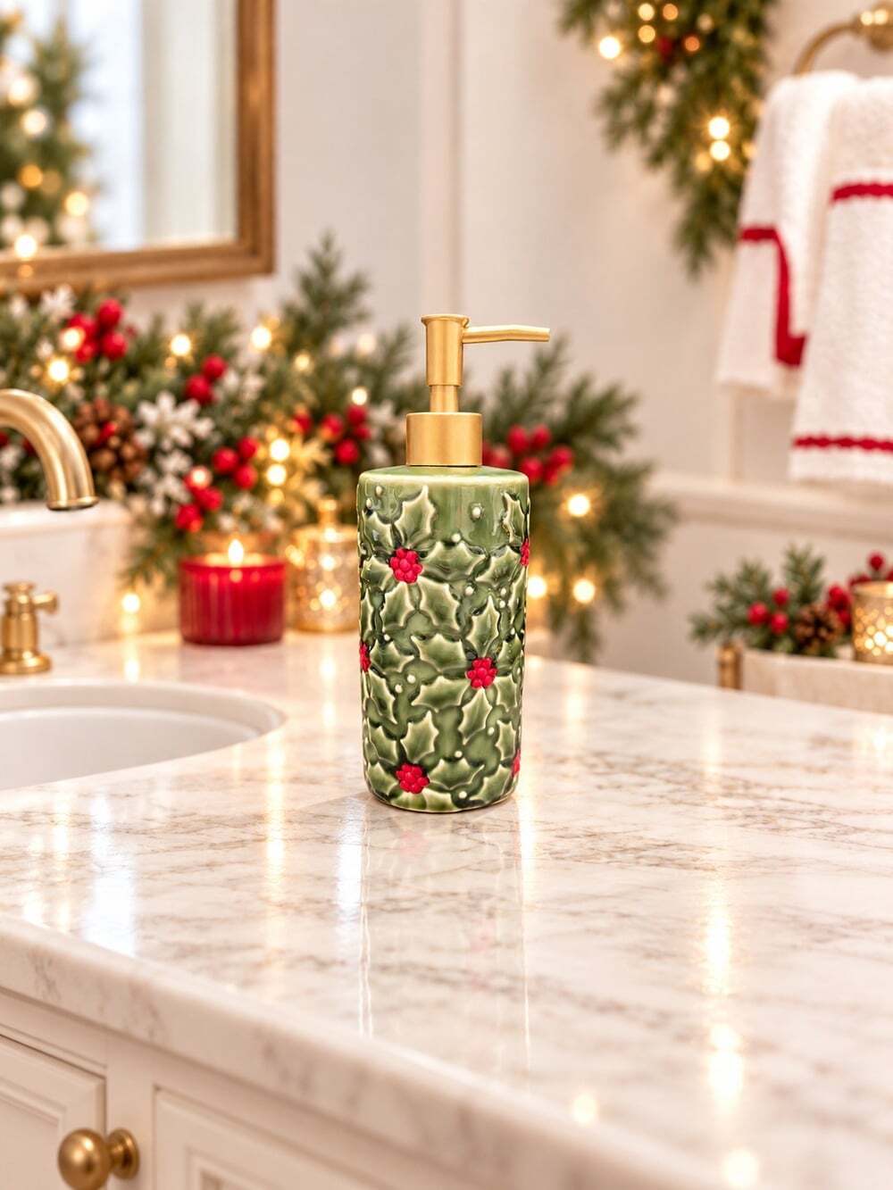 New Green Ceramic Hollyw Berry Christmas Holiday Soap Dispenser Decoration